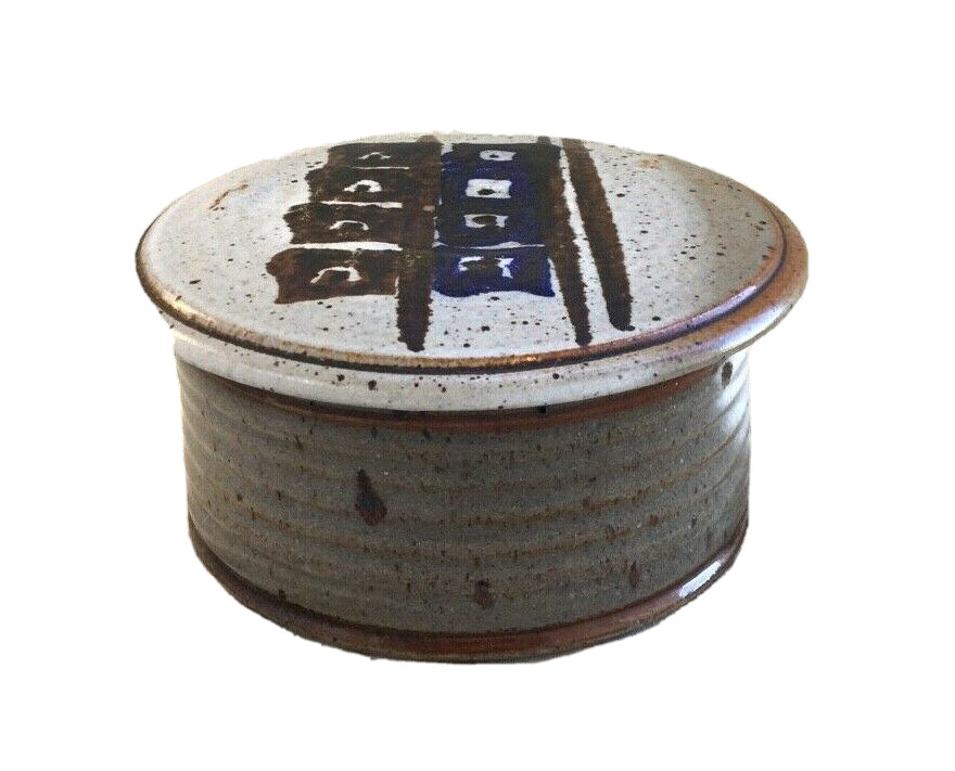 Vintage Hand Decorated Gray, Blue & Brown Covered Dish with Lid, Signed “K”