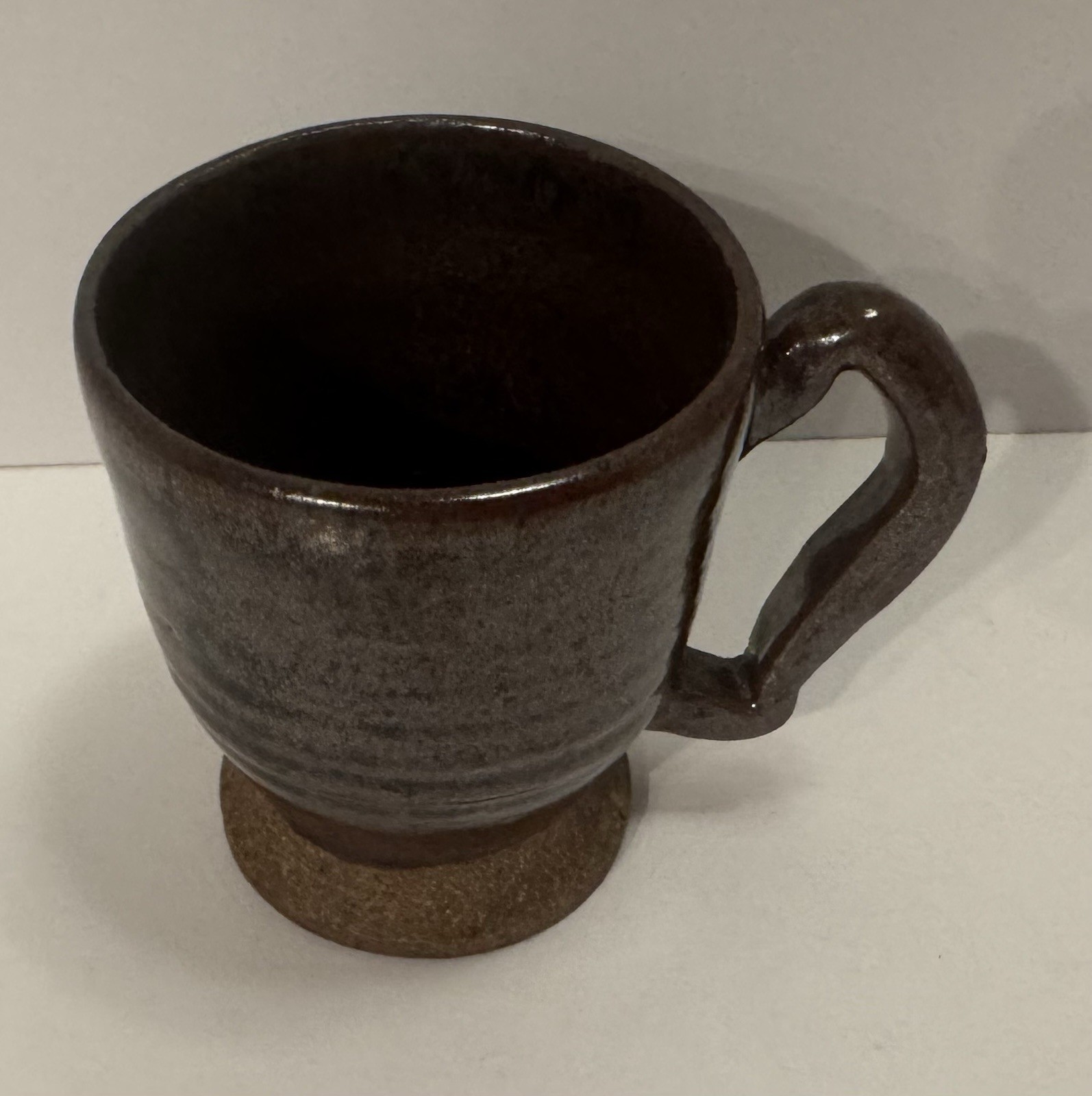 Studio Pottery Hand Thrown Stoneware Mug, Able Drip Glaze, Signed “L” 3-2017