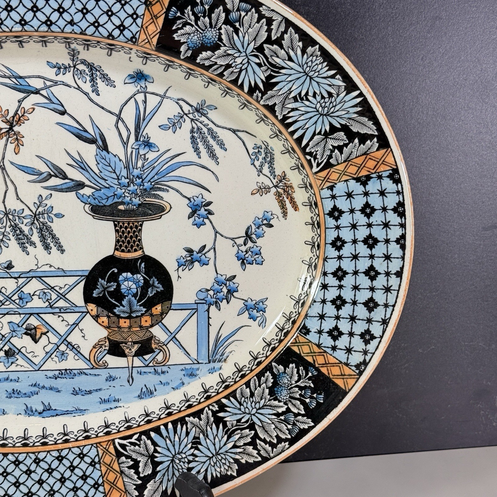 Antique Copeland Spode Transferware KEW Oval Platter 15″ Aesthetic Movement Blue