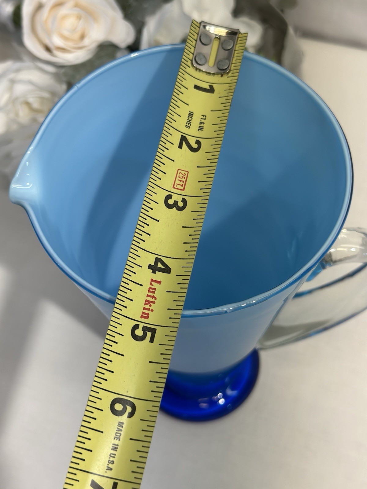 Vintage Gorgeous Italian Pitcher Blown Art Glass Ombré Blue Clear Handle 9.25”