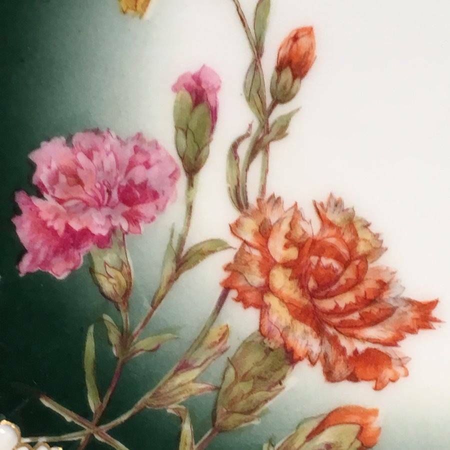 Elegant Antique T V Limoges France Dark Green Plate Scalloped Carnations Floral