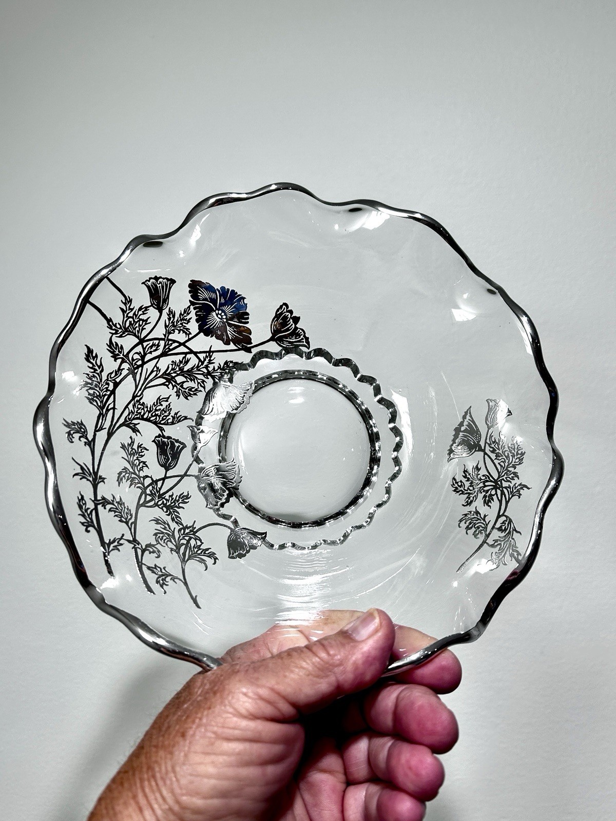 Silver City Glass 8” Ruffled Serving Bowl Dish Sterling Overlay Flanders Poppy