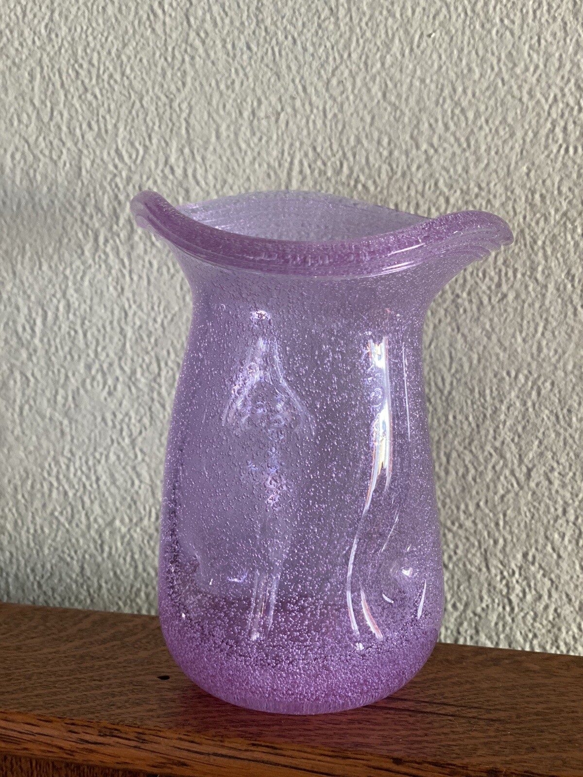 Hand Blown 6” Alexandrite Bubble Glass Vase Pinched Sides Flared Threaded Rim