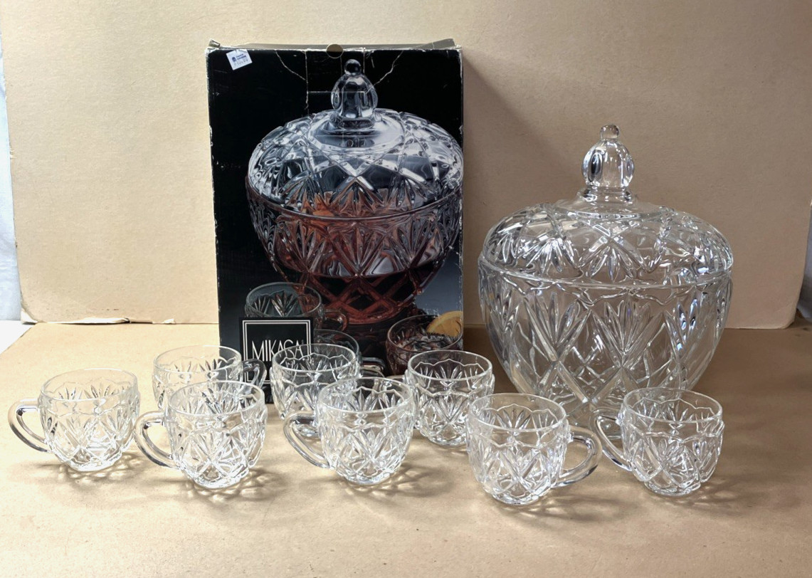 Mikasa Roxborough 9 Pc Punch Bowl Set Crystal Glass w/ Box SA809