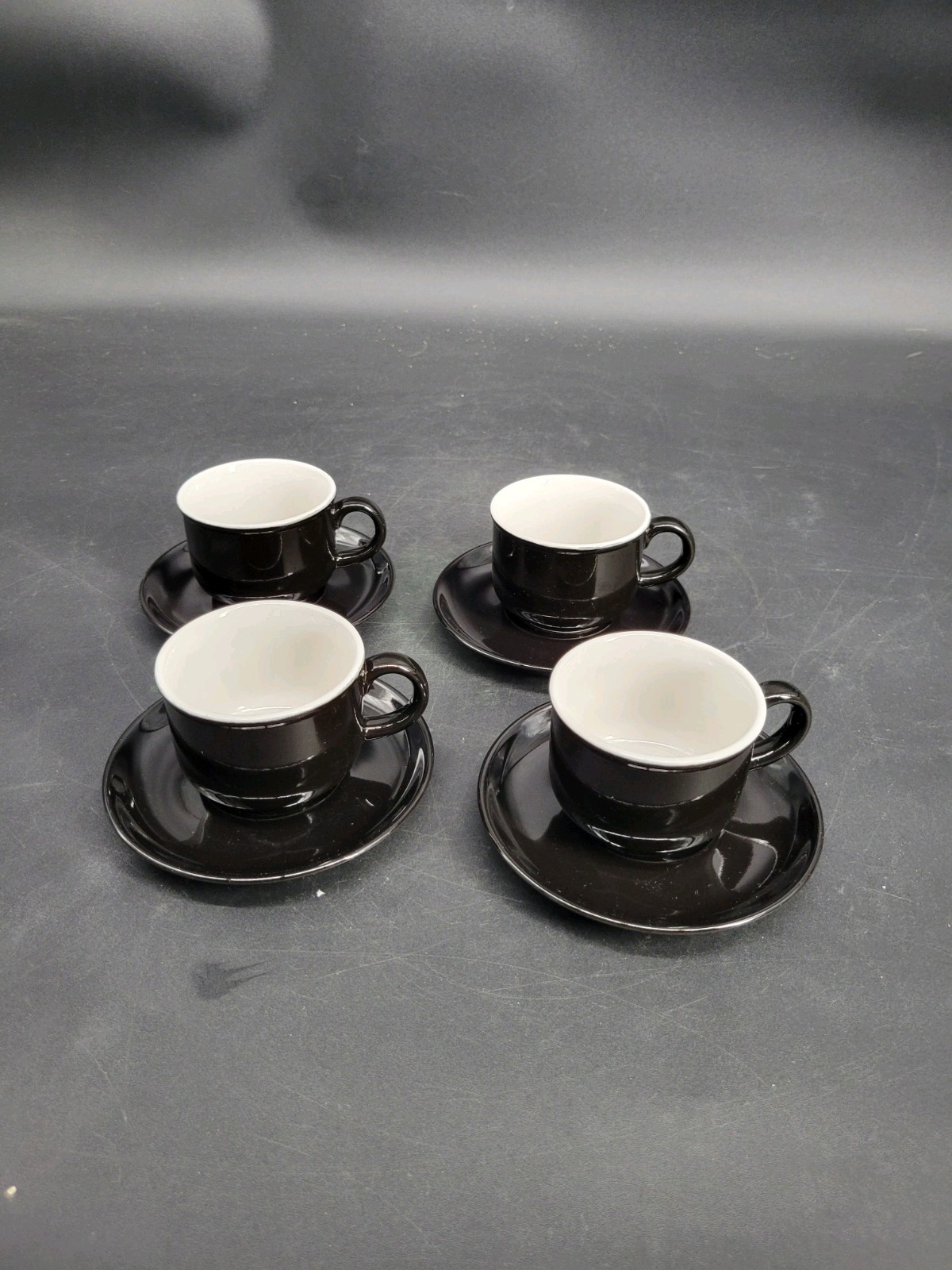 4 Black Glazed 2 1/8″ Teacup/Coffee Cup w/ Four 5″ Saucer Sets 8-Pieces Total