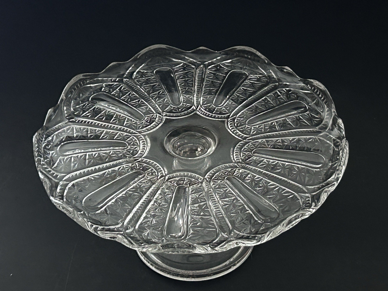 EAPG Bryce Walker & Co Jasper Late Buckle Pedestal Cake Stand Clear Glass 10”