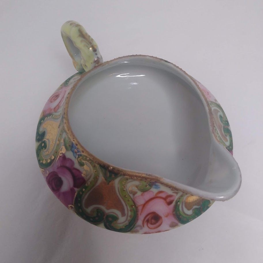 Antique Nippon Hand Painted Three Footed Creamer Moriage Pink Rose Gold Pitcher