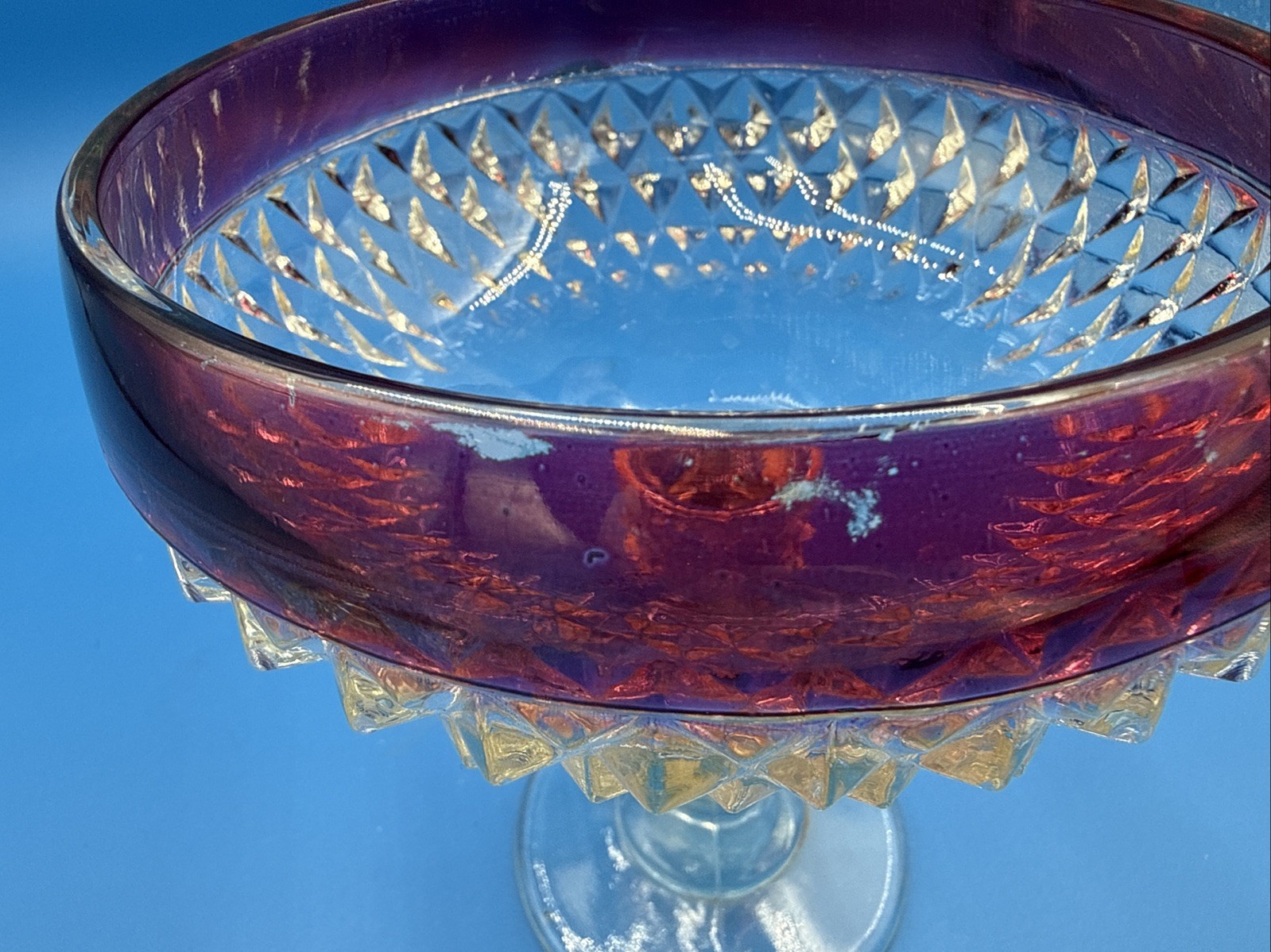 Vtg Indiana Glass Co. Tall Compote Diamond Point Ruby Collection Candy Dish