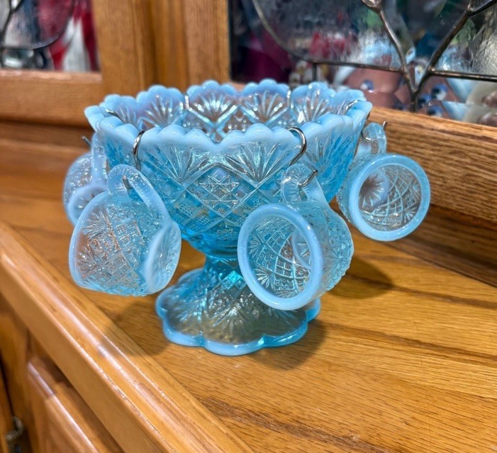 Westmoreland File and Fan Blue Opalescent Mini Punch Bowl Set 6 Mugs Glows