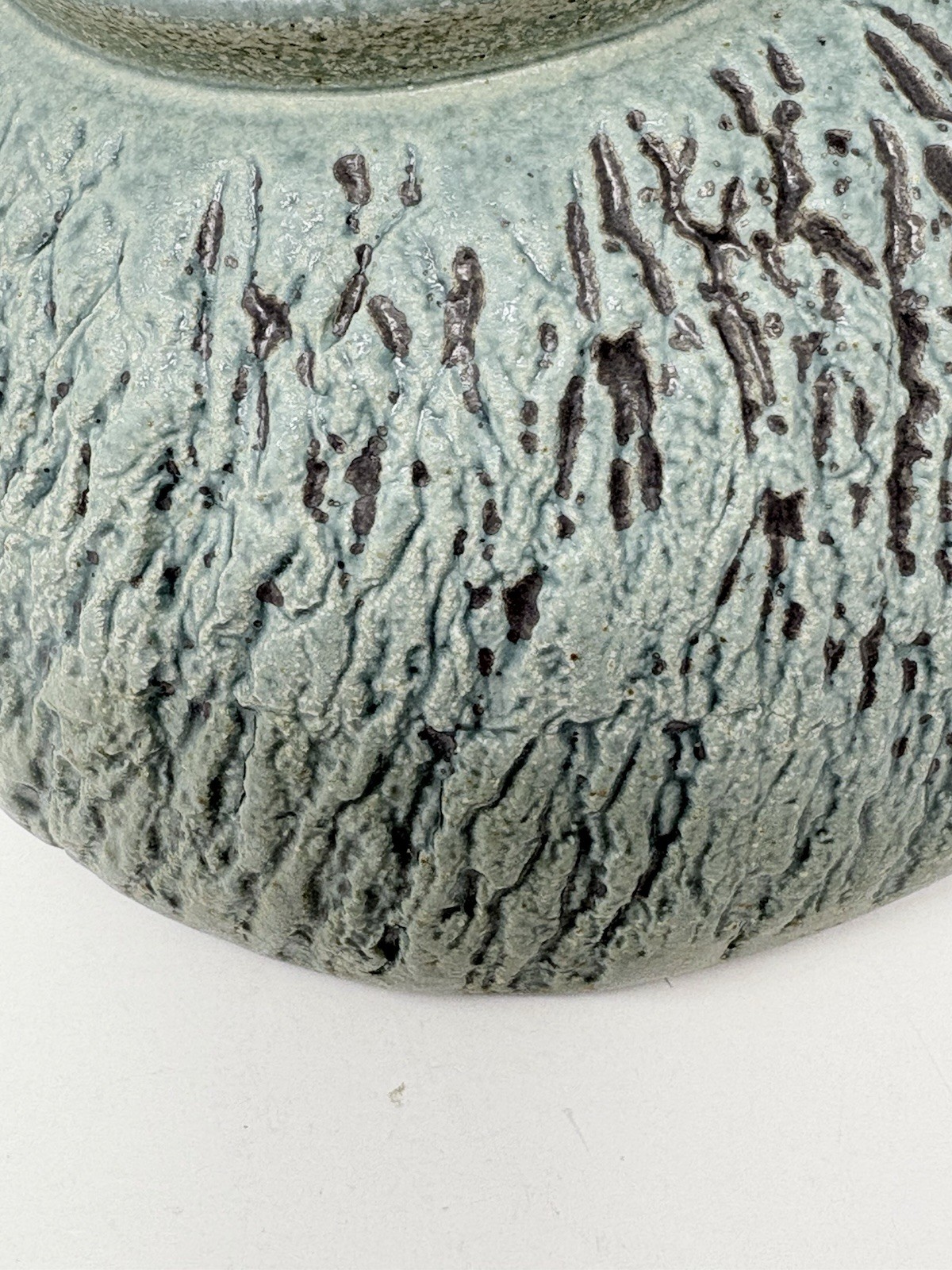 Studio Artisan Pottery Bowl Green Textured Tree Bark Matte Signed Marked 6.5″
