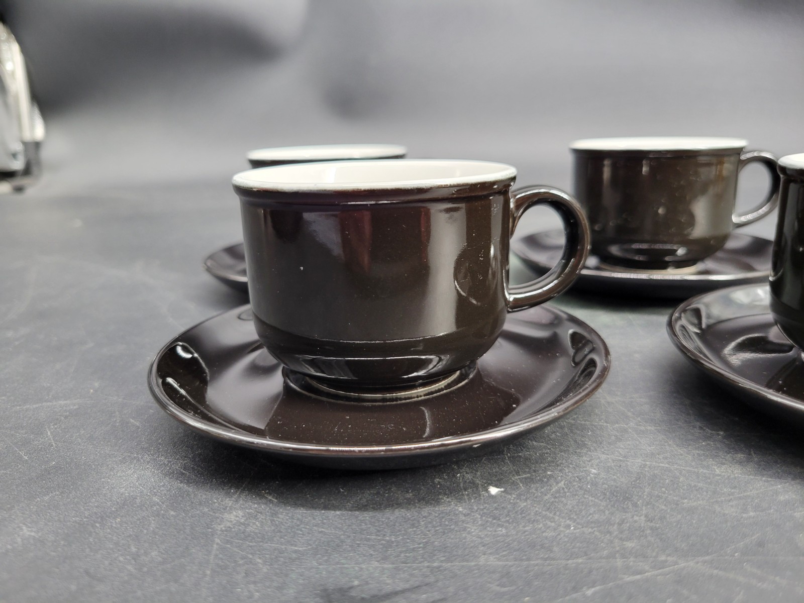 4 Black Glazed 2 1/8″ Teacup/Coffee Cup w/ Four 5″ Saucer Sets 8-Pieces Total