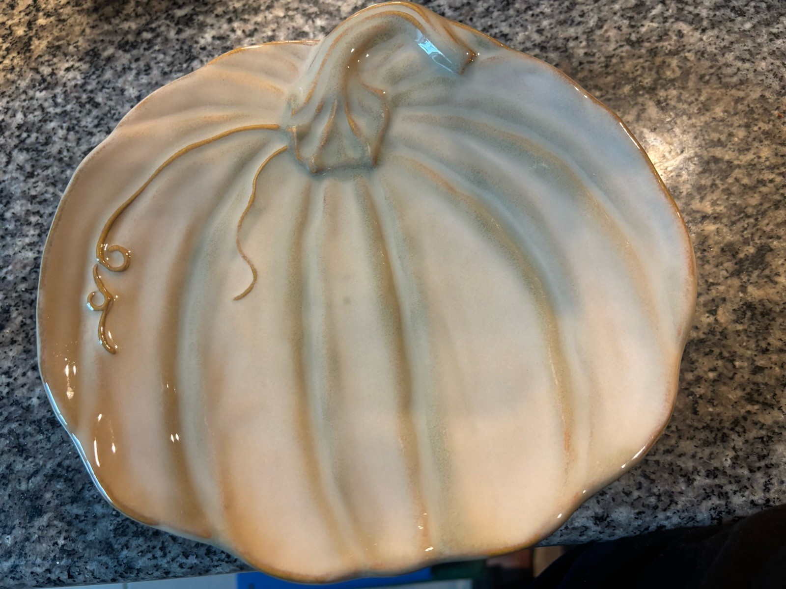 Pottery Barn Pumpkin Shaped Beige Ceramic Plate, Glossy, MW/DS Safe, China