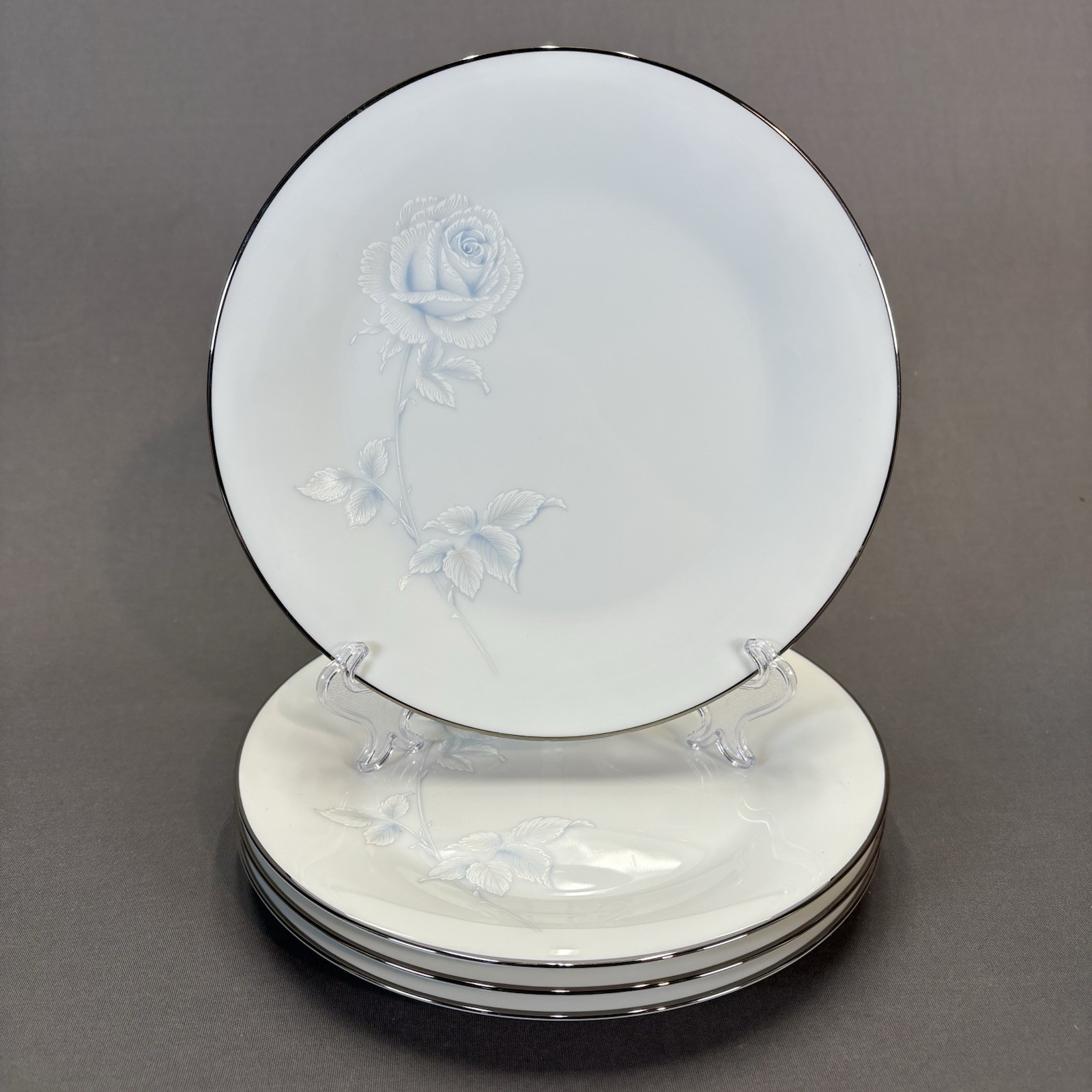 Noritake Virtue Salad Plates 8 1/4″ Set of 4 White Blue Roses Platinum Trim