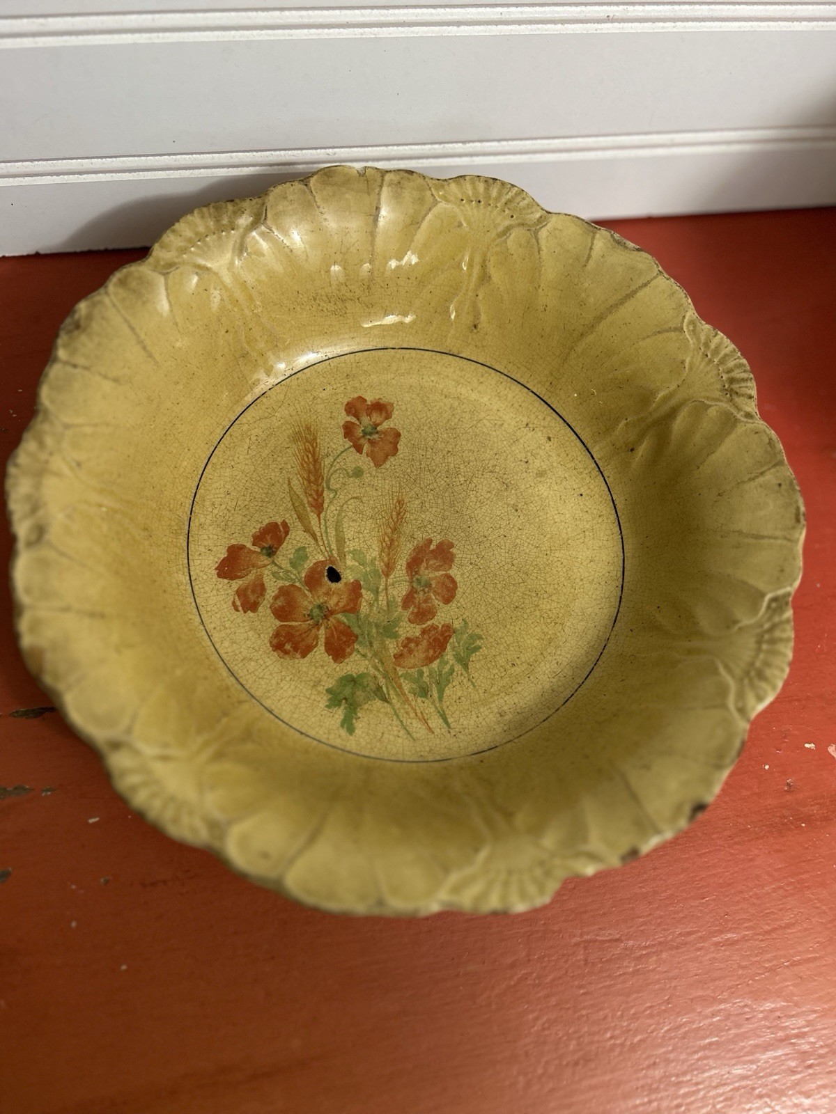 Antique Vintage Serving BOWL Heavily Stained & Crazed Toasty Floral Queen Wheat