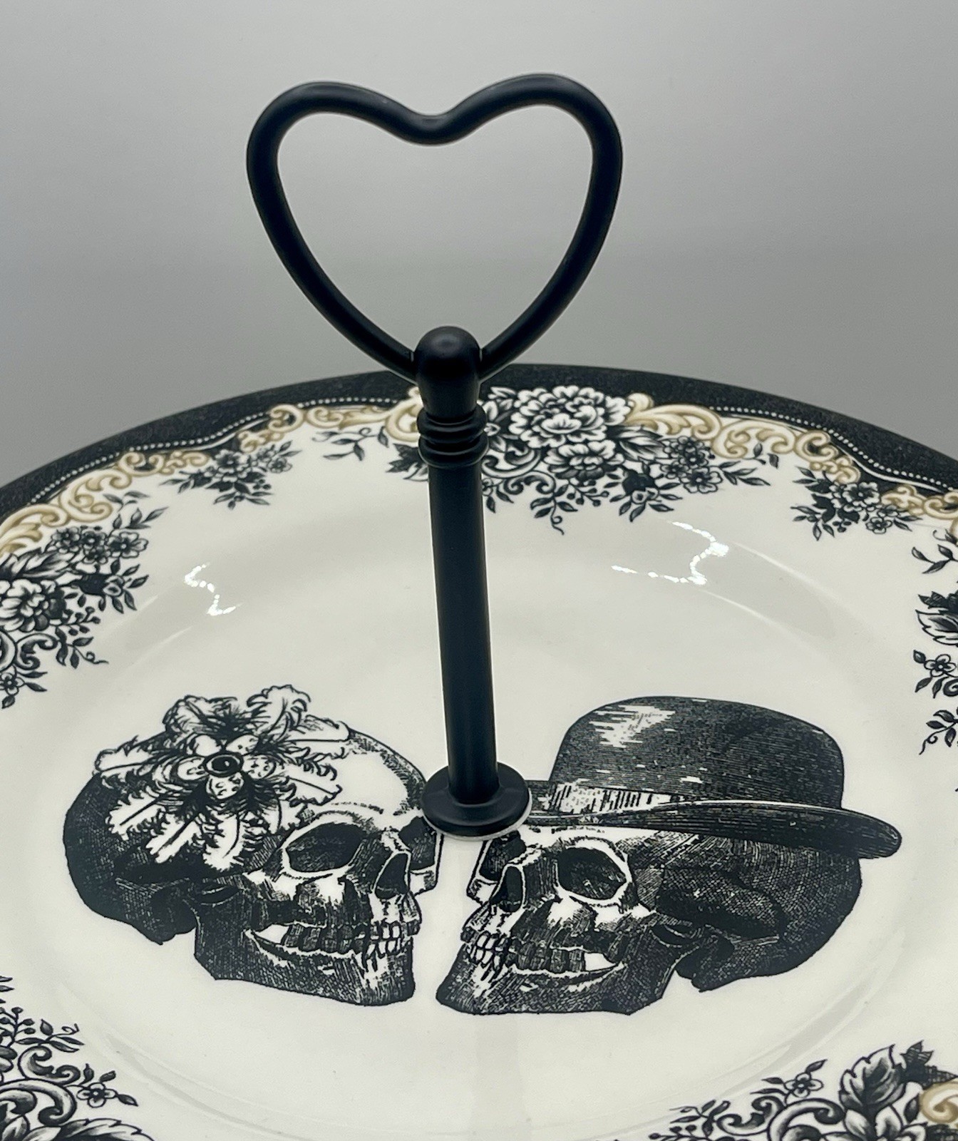 Royal Stafford Halloween Gothic Skull Couple 2 Tier Serving Tray Stand Handmade