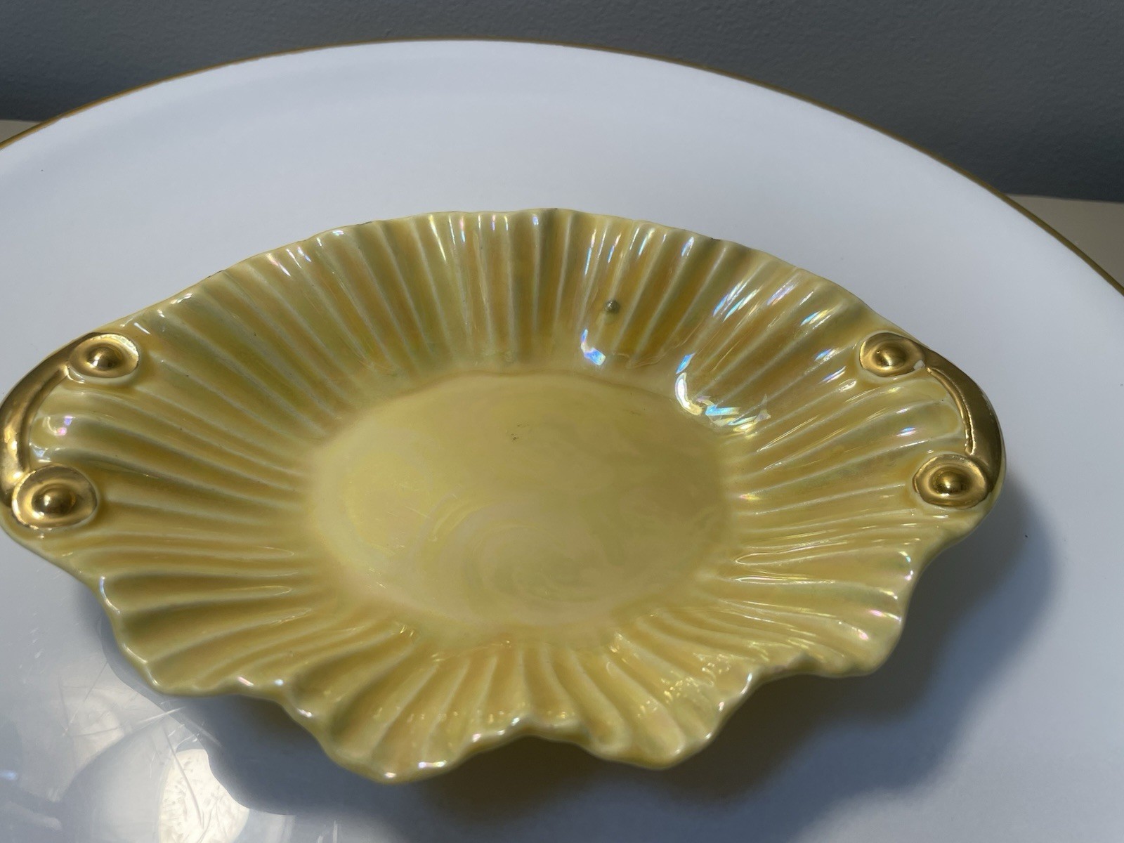 Vintage CG USA Yellow Lusterwear Trinket Candy dish Warranted 22 Kt Gold Trim