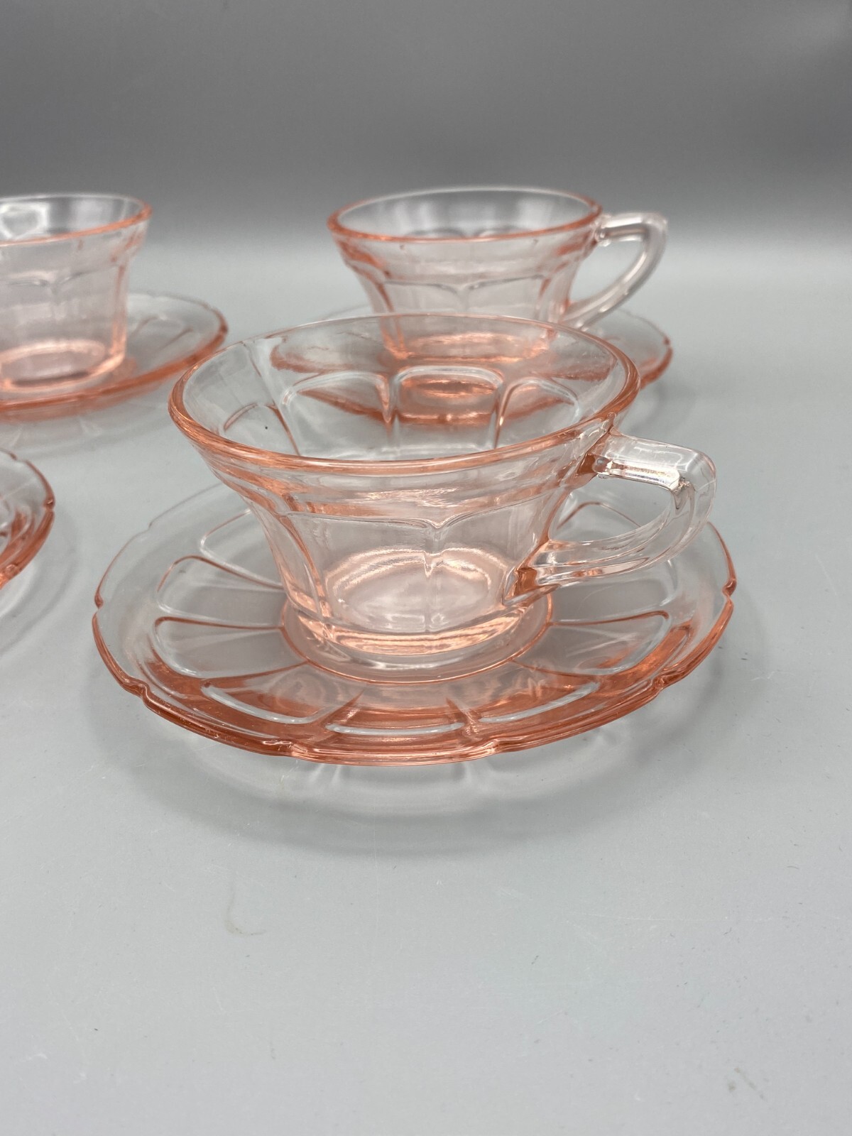 4x VTG Diamond Glass Co. VICTORY Pink Depression Glass Teacup & Saucer Set