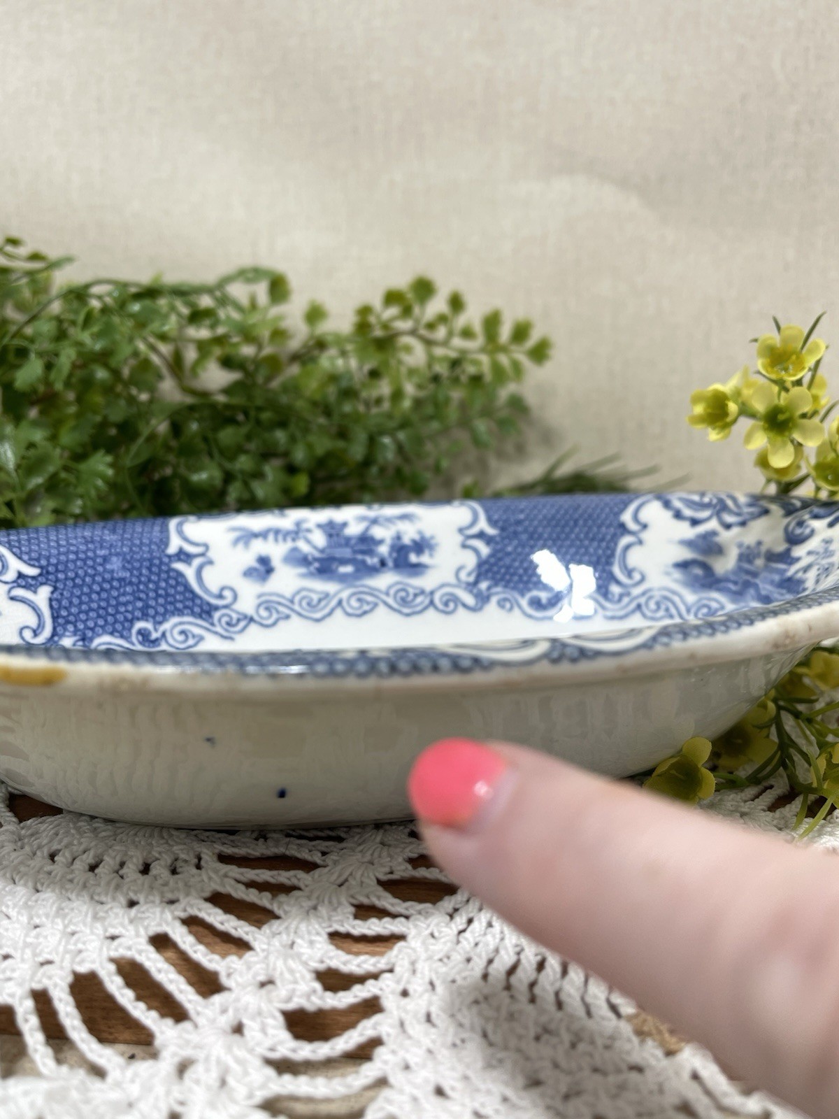 Allertons Chinese Blue Oval Serving Vegetable Bowl Pagodas 9 In OLD Back Stamp