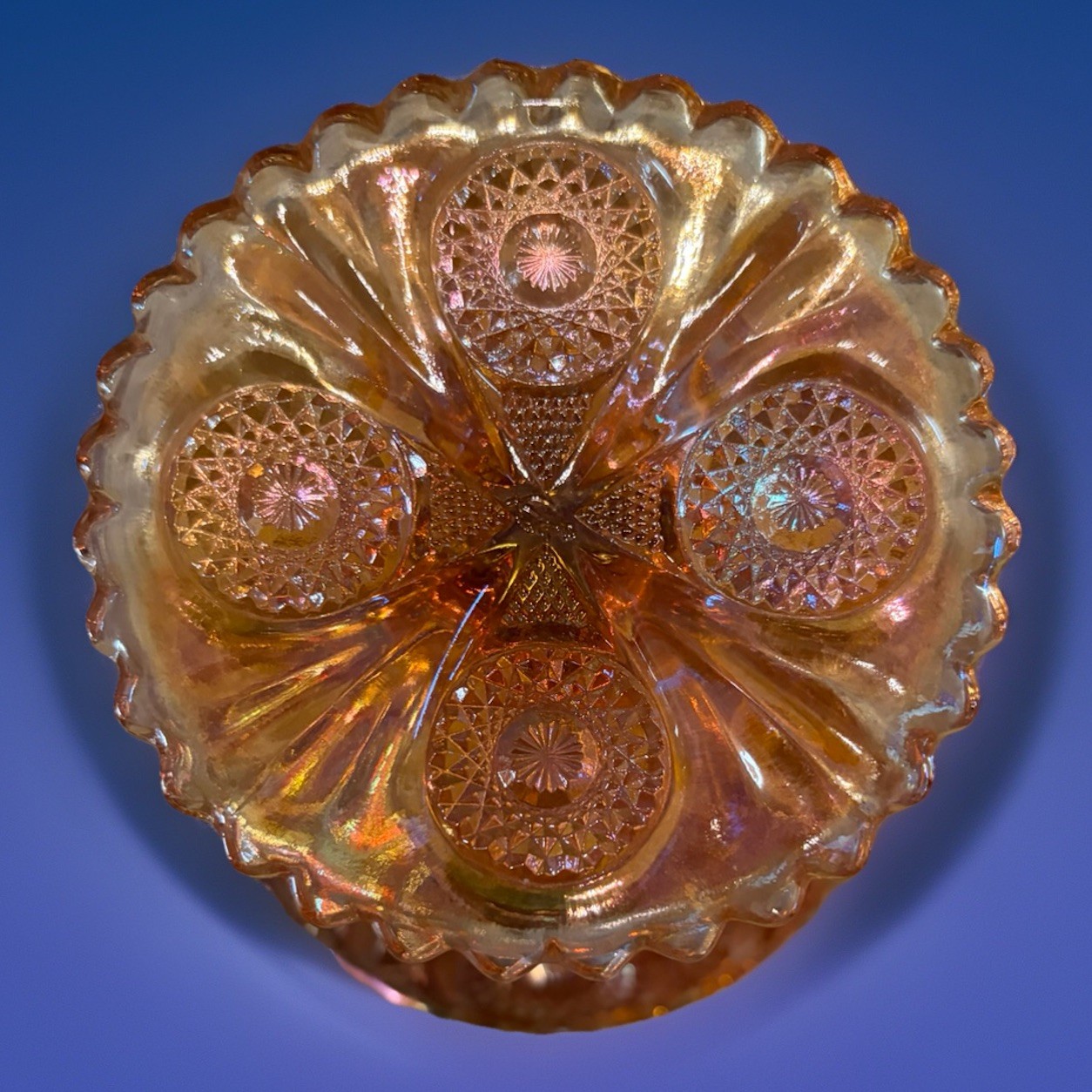 Vintage Marigold Carnival Glass Pedestal Compote Bowl Scalloped Rim