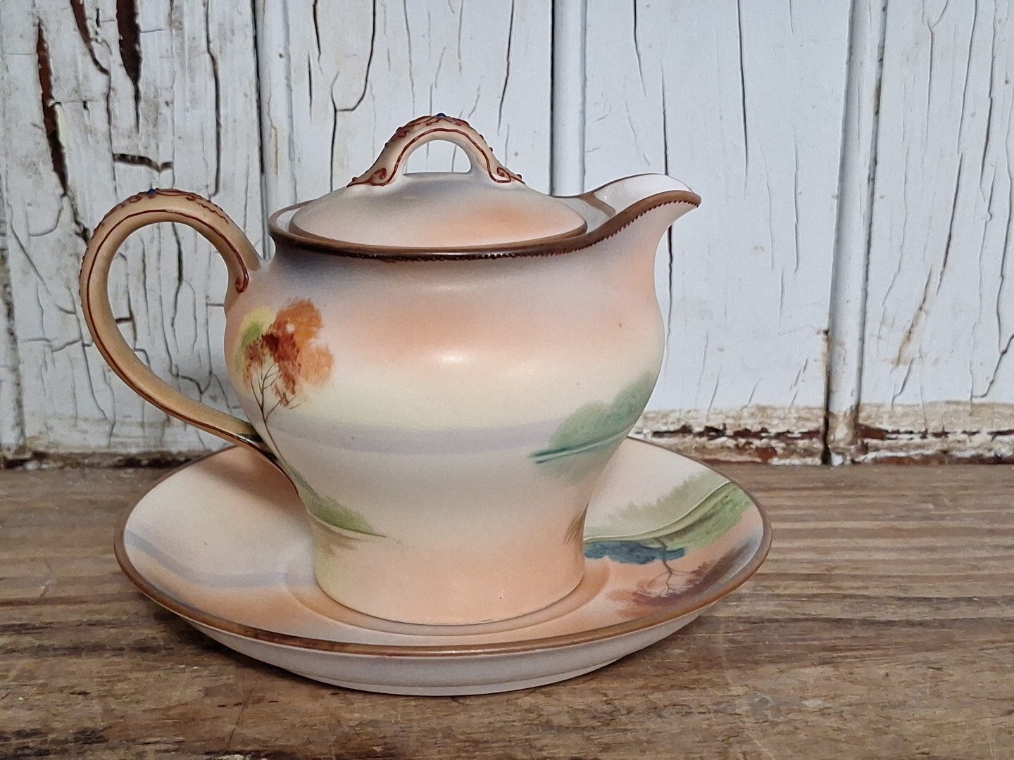 Antique Morimura Nippon Hand Painted Porcelain Creamer with lid, Saucer Moriage