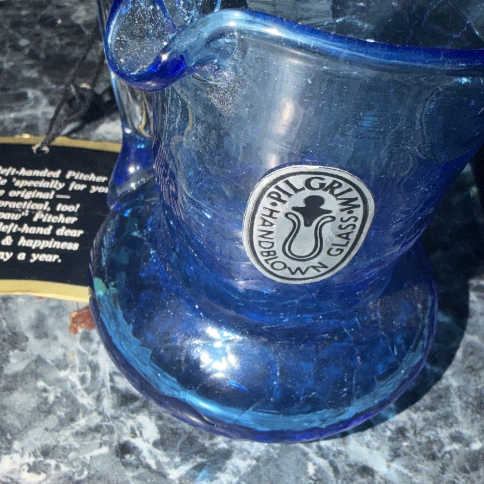 VTG Hand-Blown Cobalt Blue Crackle Glass Pitcher Creamer Applied Clear Handle