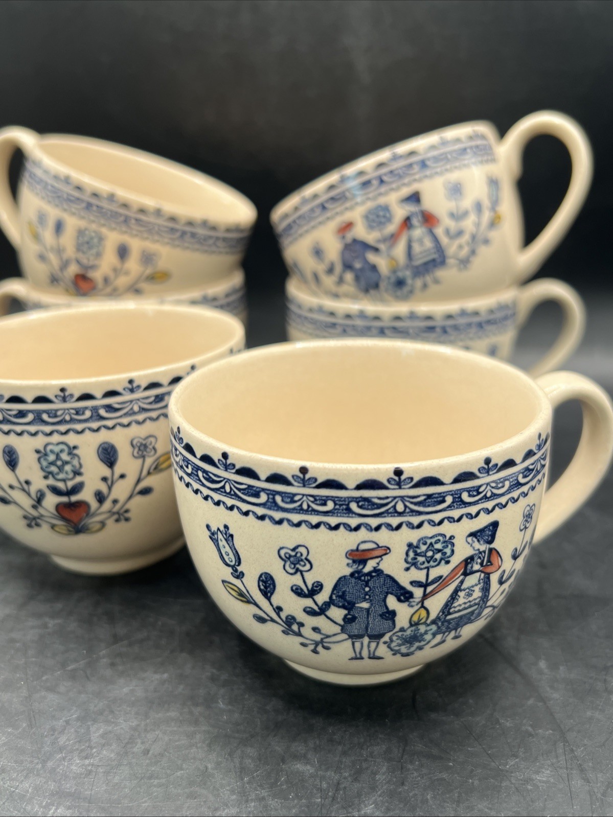 6 JOHNSON BROS Vtg Staffordshire Old Granite Hearts & Flowers Blue Grannycore