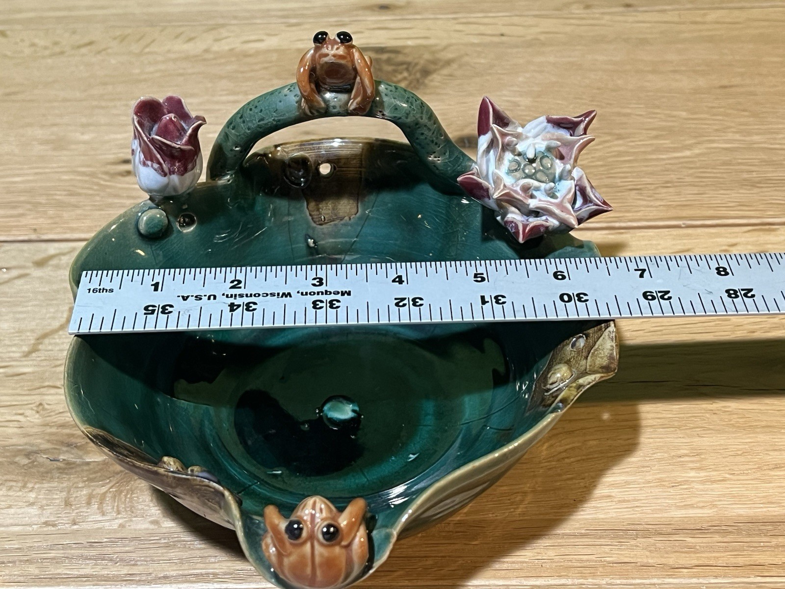 Majolica Style Frog & Lotus Bowl Pottery Handmade Free Form Art Unique
