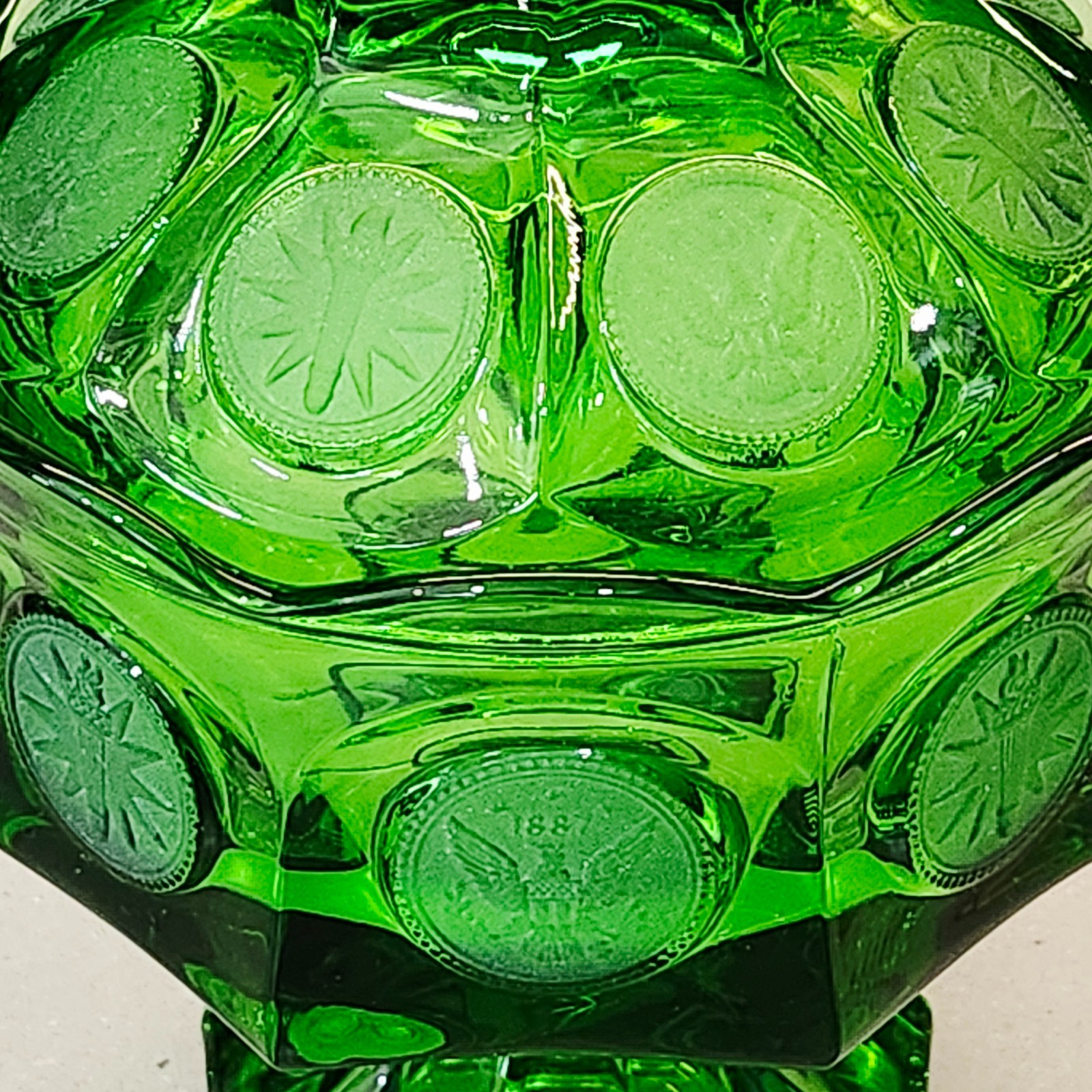 Vintage Fostoria Emerald Green Coin Glass 8.5” Tall Pedestal Covered Candy Dish