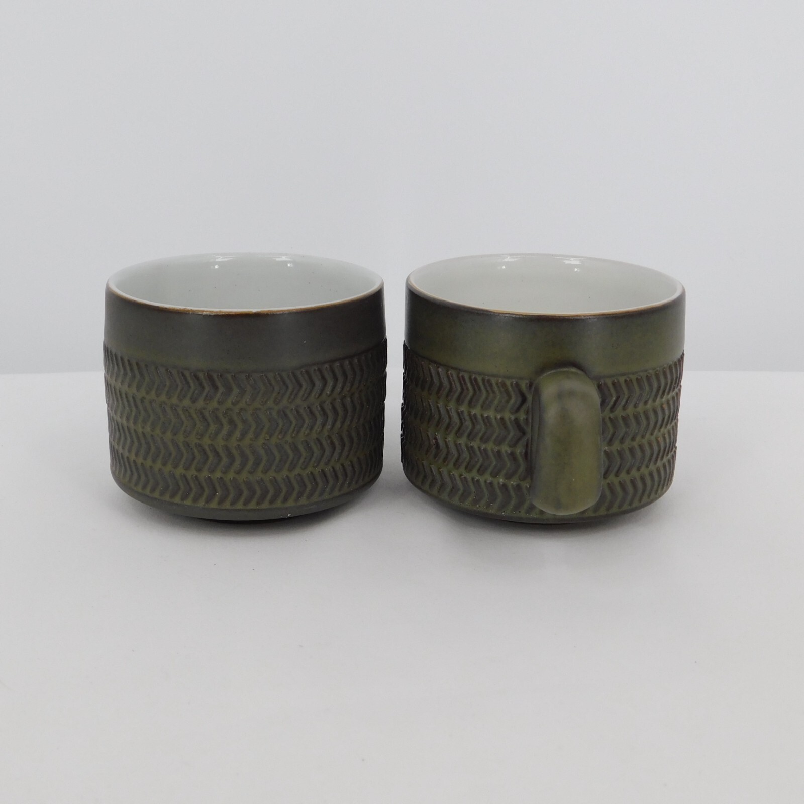 Set of 2 Denby Camelot Dark Green Flat Cup 2 1/2″ tall Chevron Pattern Vintage