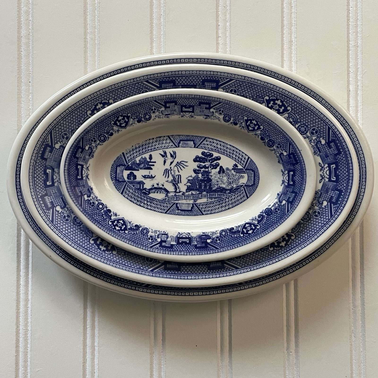 Vtg Buffalo China Blue Willow Restaurant Ware Oval Platter Set 3 Serving Plates