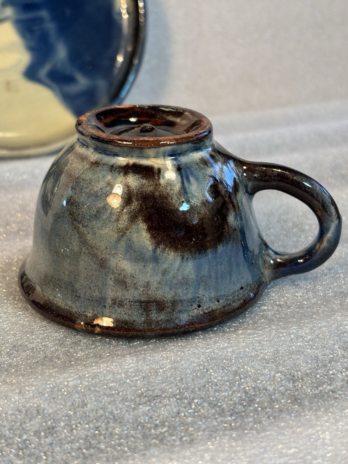 Studio Ceramic Pottery 2 cups & 2 Saucers Hand-Made Brown Blue Yellow