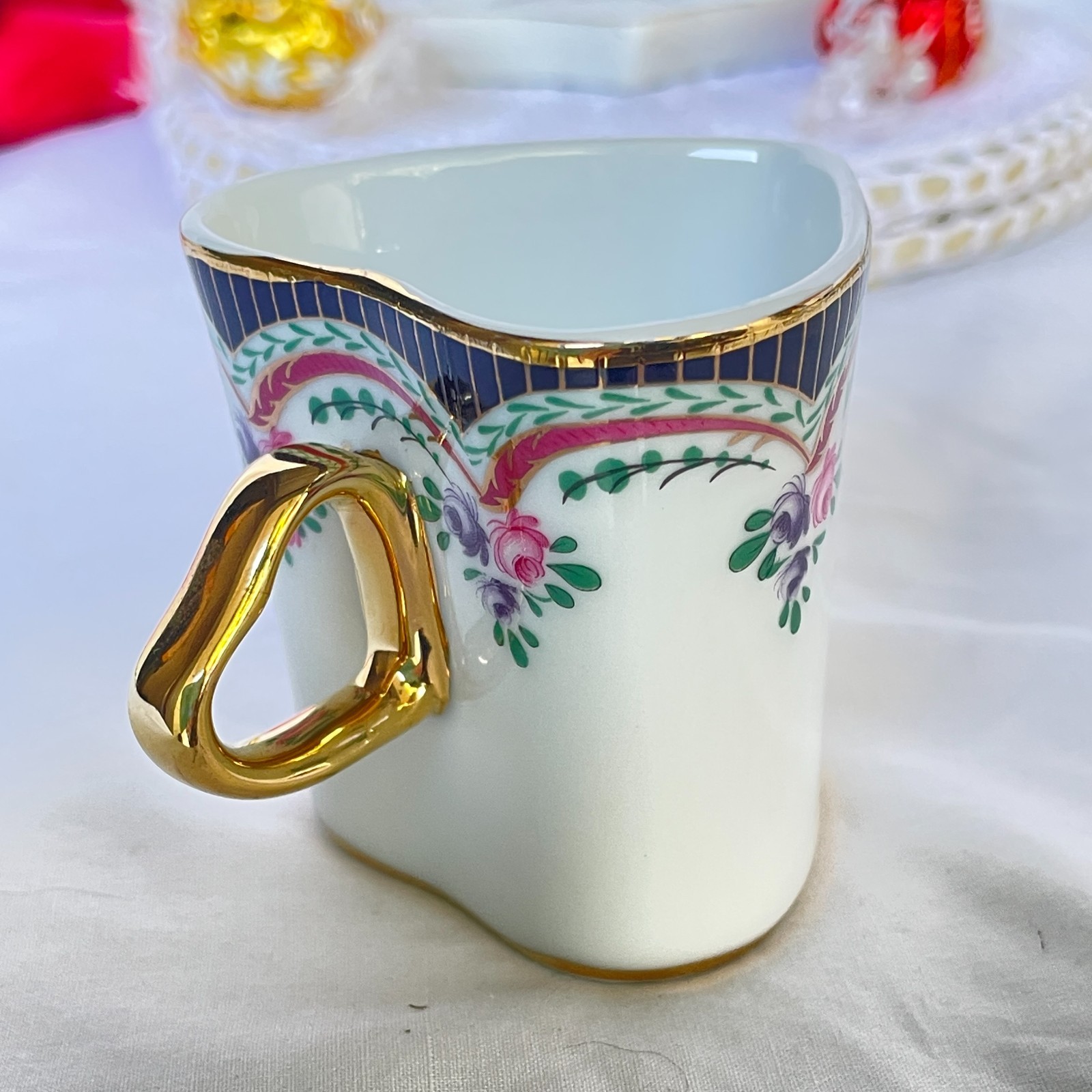 Vintage China Heart Shaped Coffee Cup & Saucer Cobalt Rim Rose Swags Gold Handle