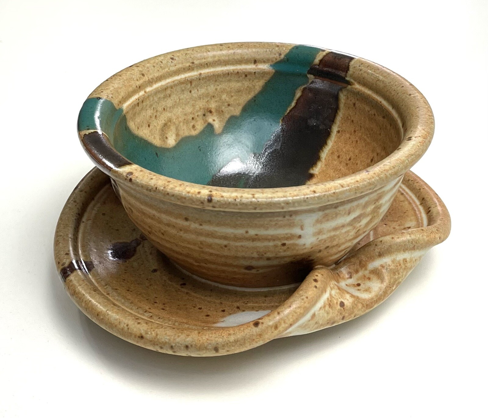 Vintage Drip Glaze Pottery Bowl with Attached Plate Signed
