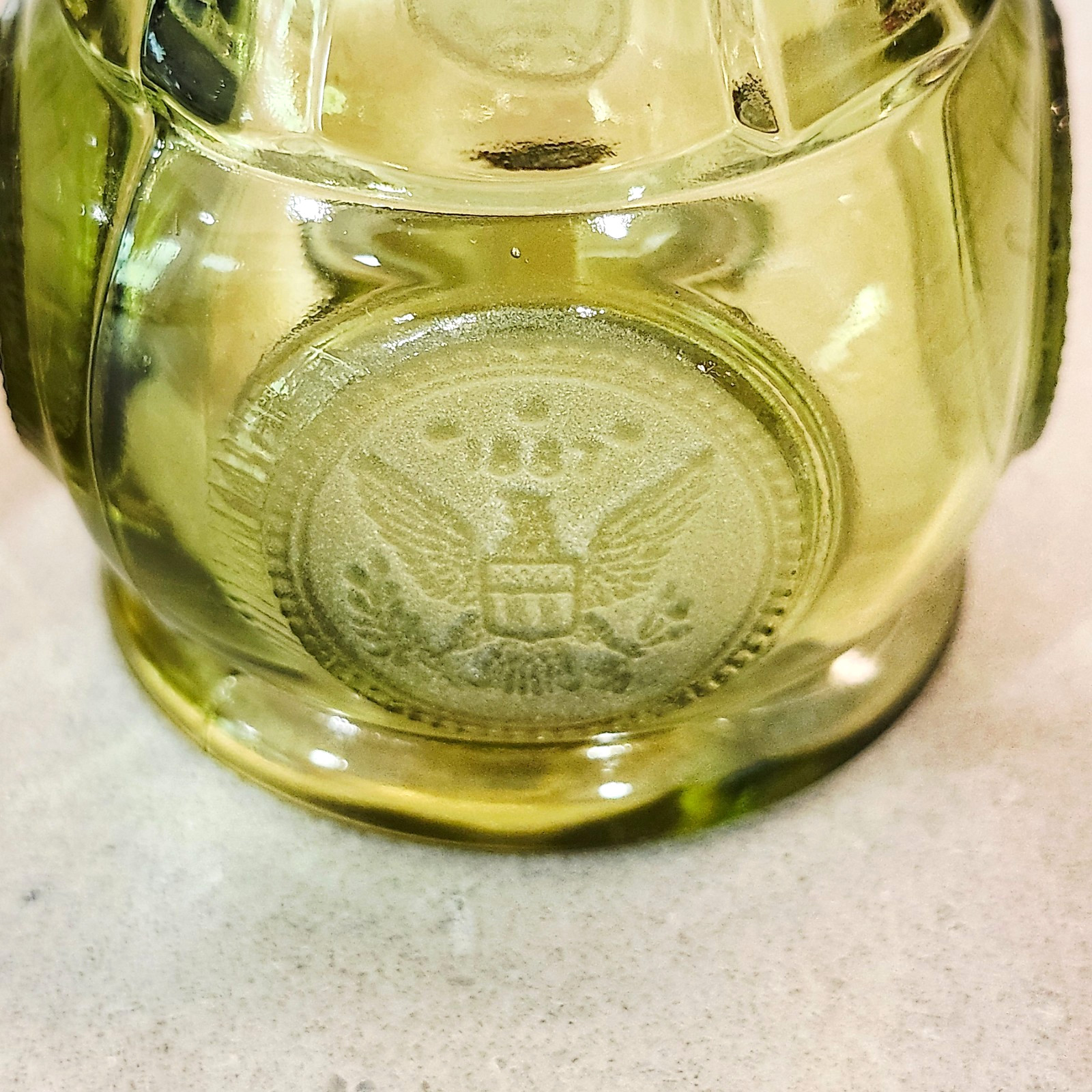 Vintage Fostoria Olive Green Glass Coin 3” Tall Salt & Pepper Shakers
