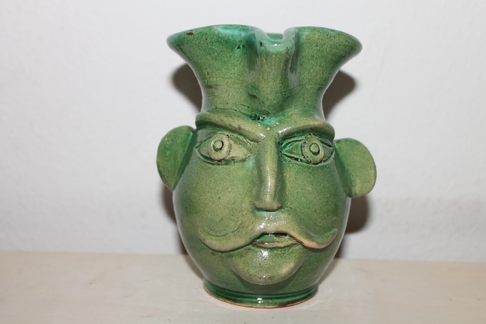 Vintage Green Southern Folk Art Face Jug Pitcher B5