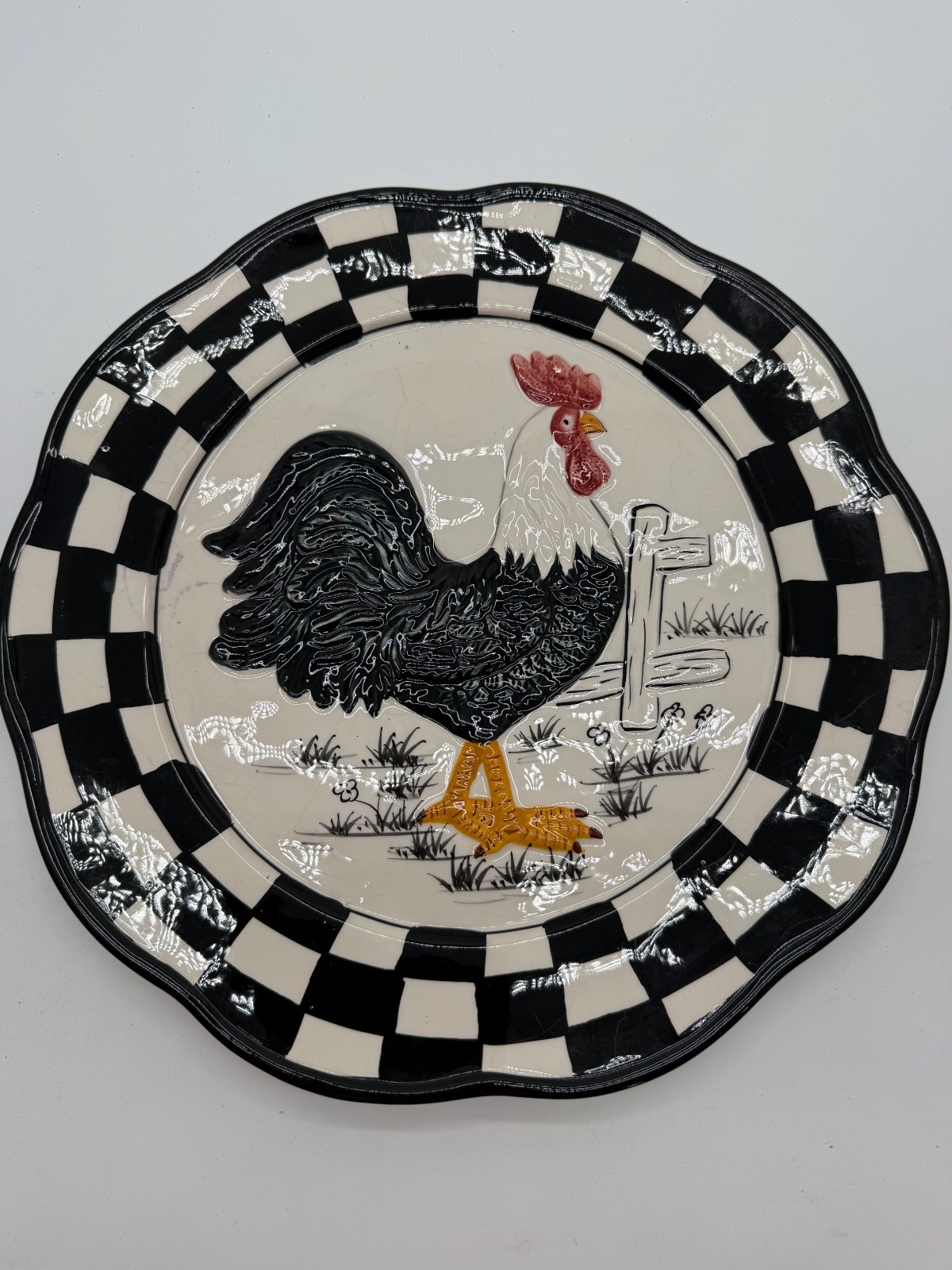 Decorative Rooster Plate with Black & White Checkered Border Home Decor Chicken