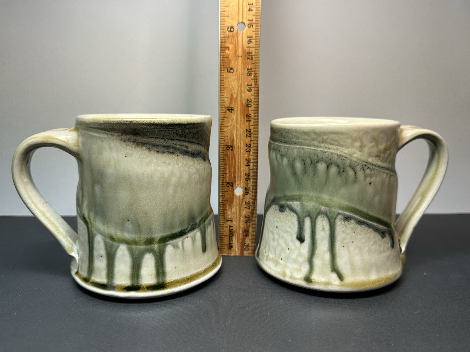 Studio Art Pottery Mugs Set Of Two Earthy Green Drip Glaze Signed Charlie Tefft