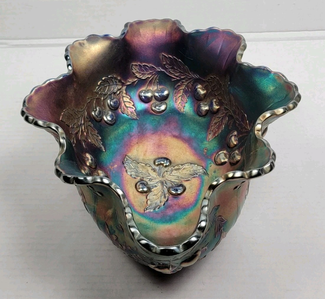 Carnival Glass Dugan WREATHED CHERRY Amethyst Oval Bowl Purple Ruffled Lot Of 3