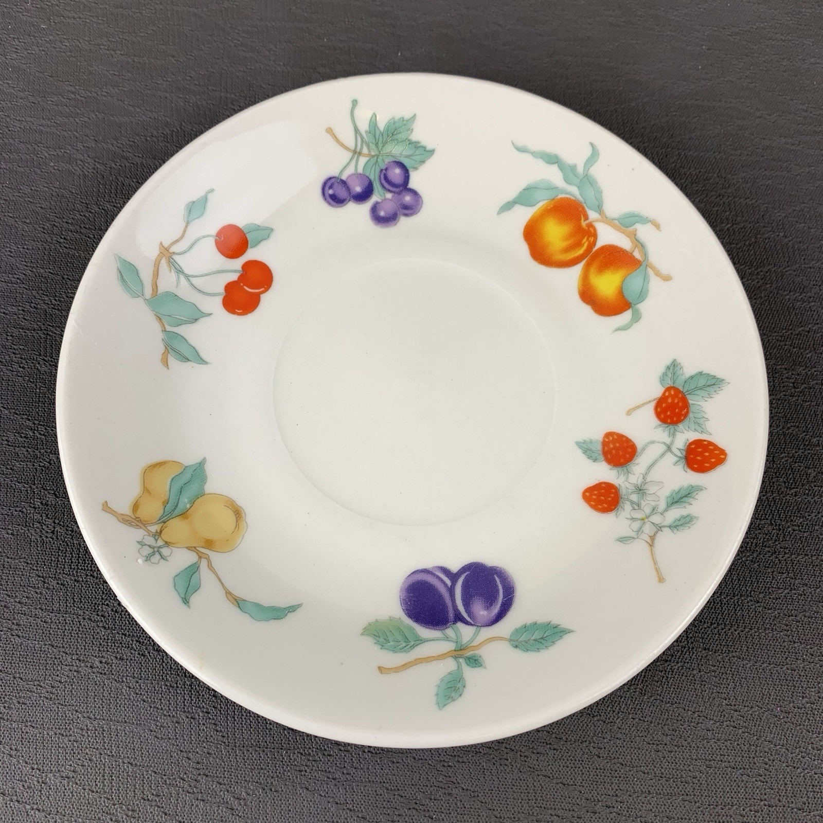 2 Tabletops Unlimited Dulcie Saucers w Colorful Fruit and Leaves Replacements