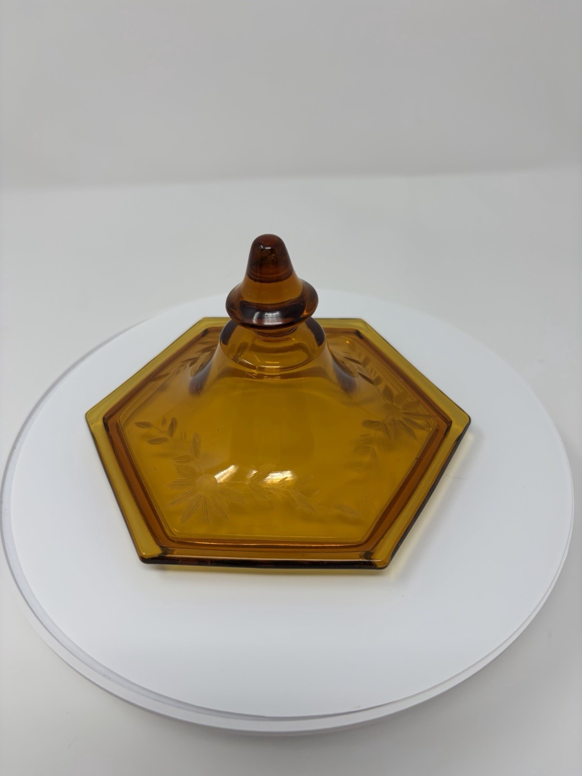 Vintage Amber Hexagon Covered Candy Dish Pedestal Compote Etched Glass MCM