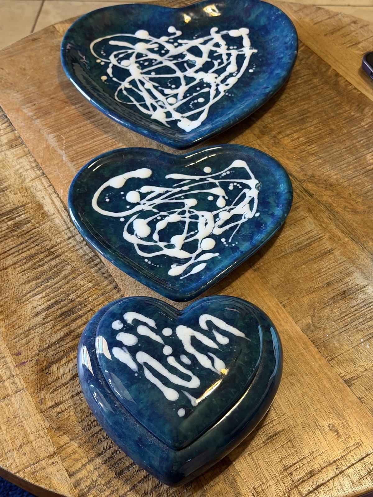 Vintage Handcrafted Four Piece Heart Shaped Blue Green Pottery Plates & Trinket