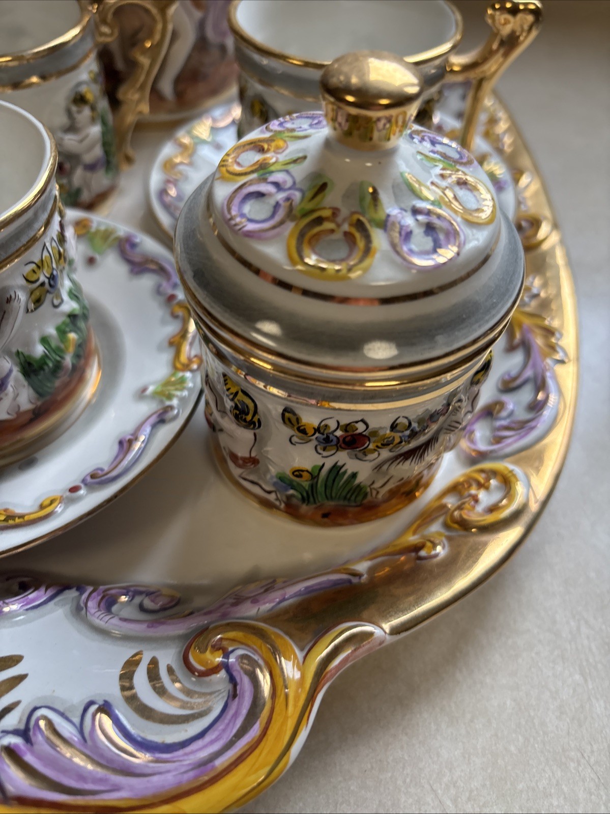 Vintage Elpa Alcobaca Cherubs Porcelain 2 Person Coffee/Tea Set & Tray Portugal