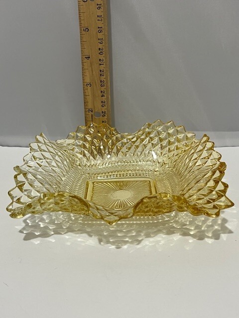 Vintage Yellow & Orange Diamond Point Sawtooth Square glass Candy Dish Bowl set