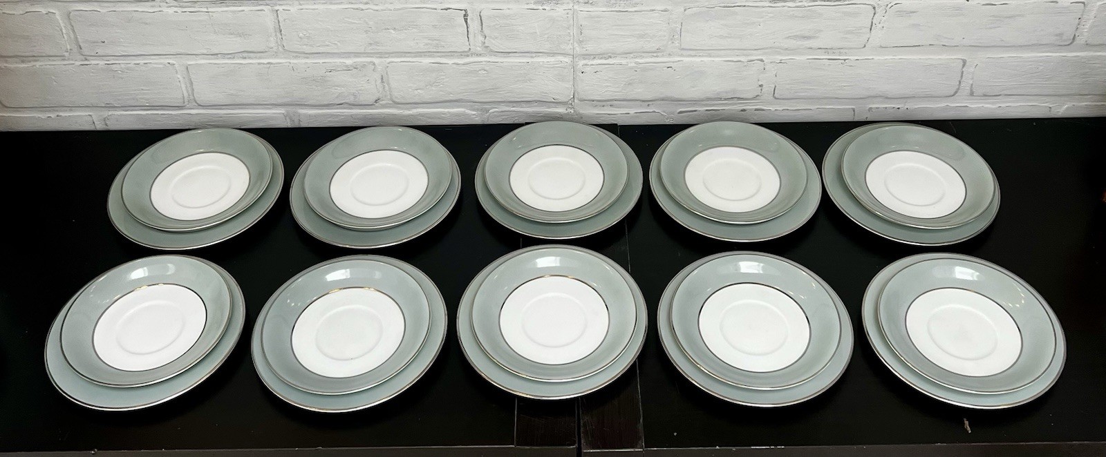 Vintage Sango Japan Sheffield Plates and Saucers Celadon Silver Rim- 22 Pc Lot