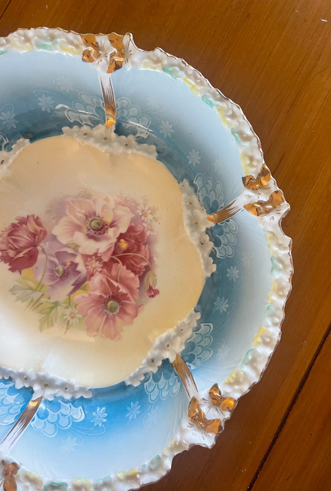 Antique RS Prussia Floral Pink Rose Blue Bowl Gold Trim 10.5”