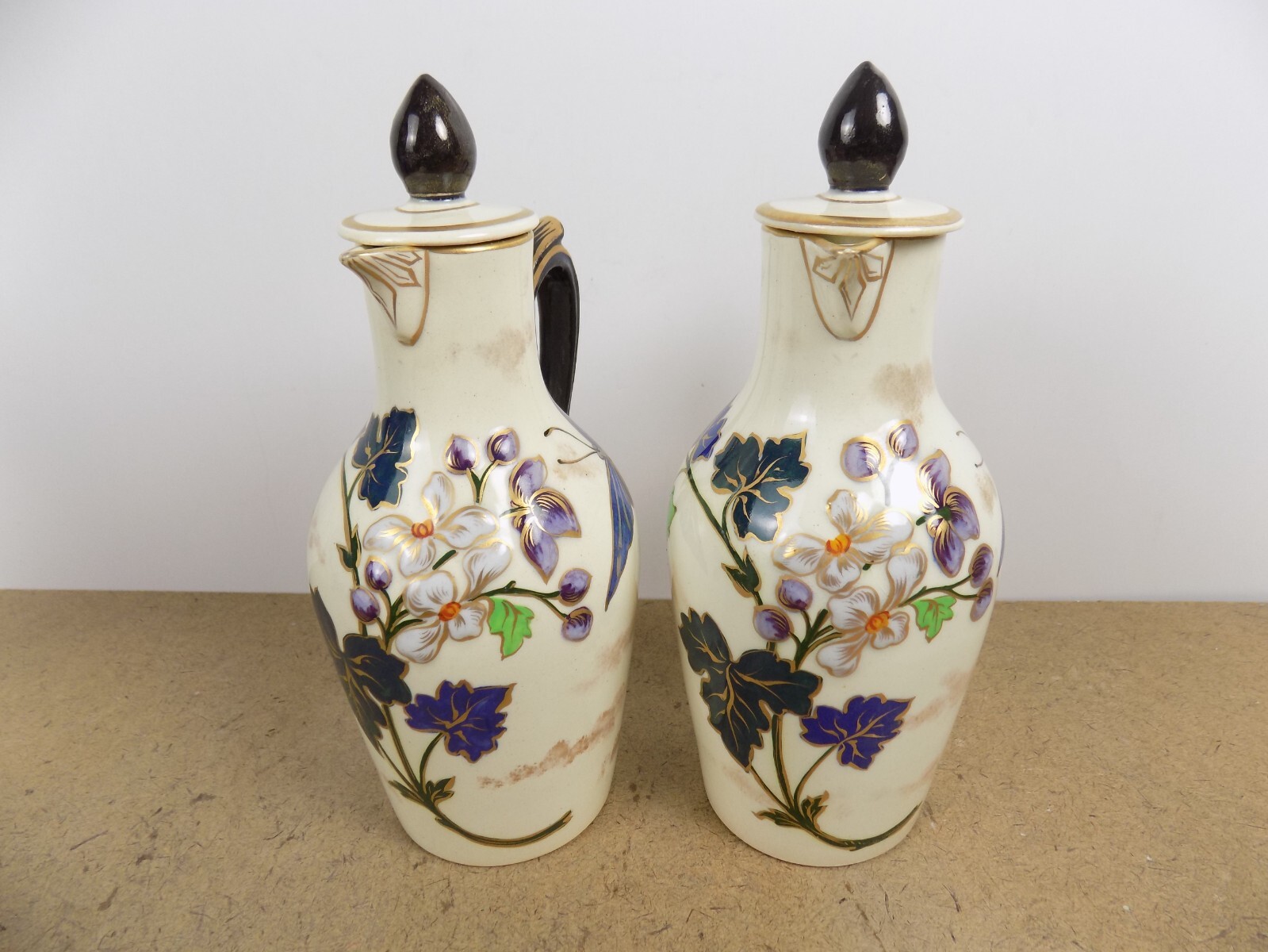 Antique Keller & Guerin Luneville Cruet Set Butterfly & Flower France