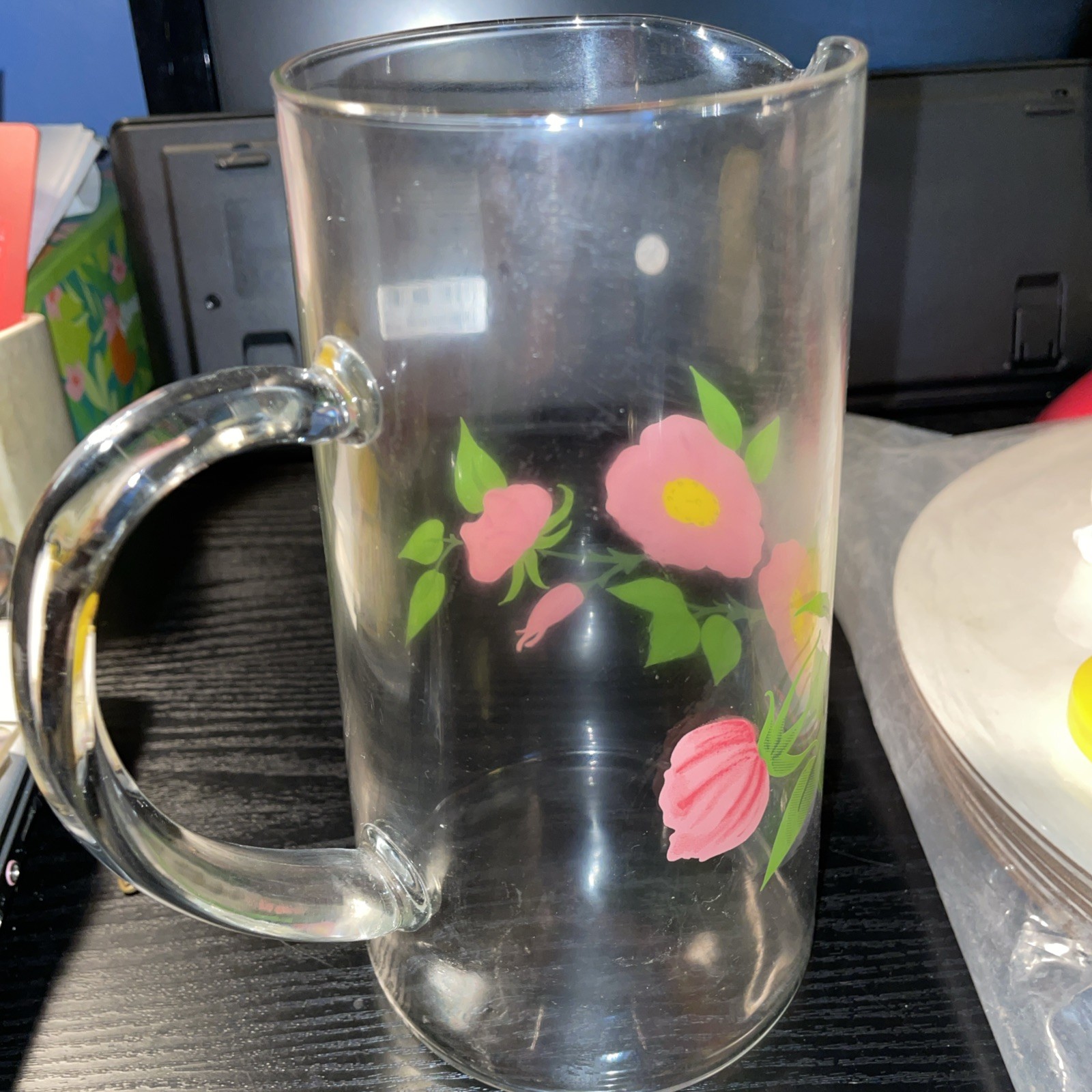 Vintage Franciscan Desert Rose Clear Glass Pink Flower 7.75 in Cocktail Pitcher