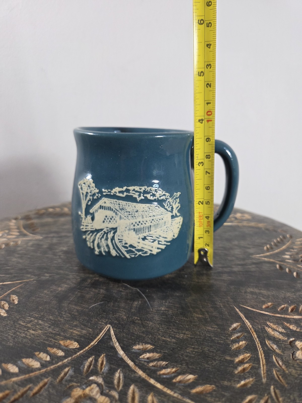 Covered Bridge Onion River Pottery Green Blue Coffee Cup Mug