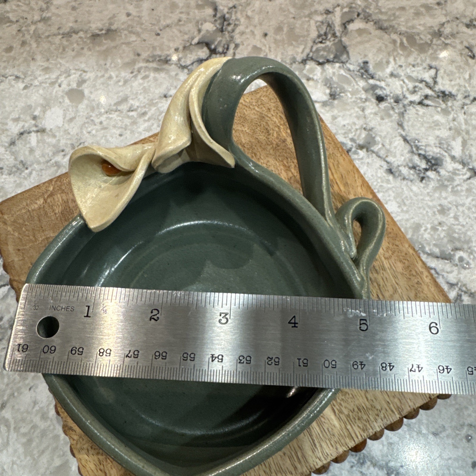 Elaine Lamb Mud Mothers Studio Pottery Bowl Applied Lilies Handle Gray Blue Tan