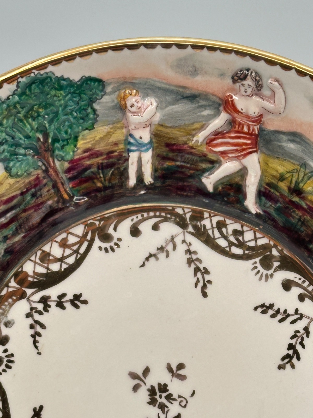 Pair Vintage Italian Capodimonte 7.5” Hand Painted Figural Relief Plates
